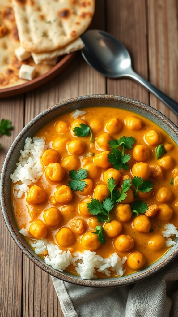 A bowl of creamy chickpea coconut curry with rice and naan, garnished with cilantro.